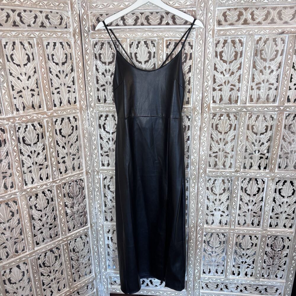 Cerule Dress Black Side Leg Slit faux leather LBD Cocktail Party Midi Goth SZ M